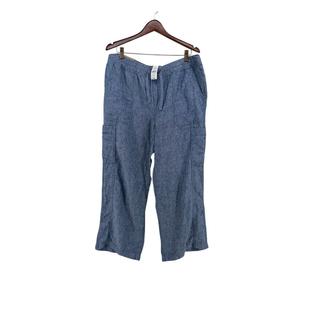 LL Bean Premium Linen Utility Pants Brgt Mariner Blue Wide Leg Mid Rise 18P NEW